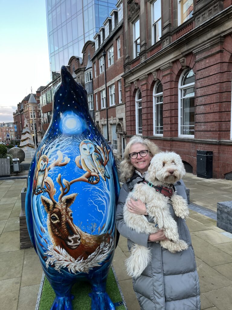 Dog, Cockapoo, Cockerpoo, Woman and dog, Hetty, Sculpture trail, Brum's Penguin Parade, Birmingham, Penguin sculpture