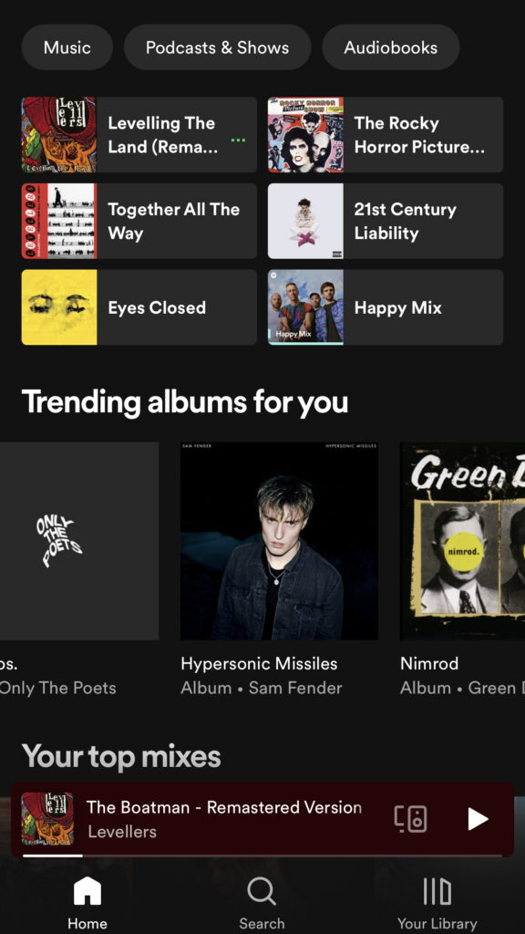 Spotify home page, Music, Ed Sheeran, Levellers, Rocky Horror Show, YungBlud, Sam Fender