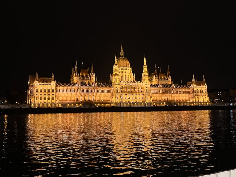 Hungarian Parliament, Budapest, Danube, Silent Sunday, My Sunday Photo, Large building with a dome is lit up against a dark sky and reflected in a river