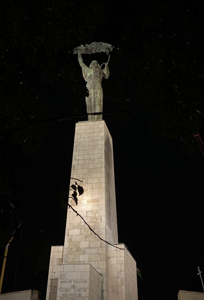 Statue of Liberty, Budapest, Hungary, Statue, Things to do in Budapest, Gellert, A large human statue on a tall plinth holds a leaf above its head against a dark night sky