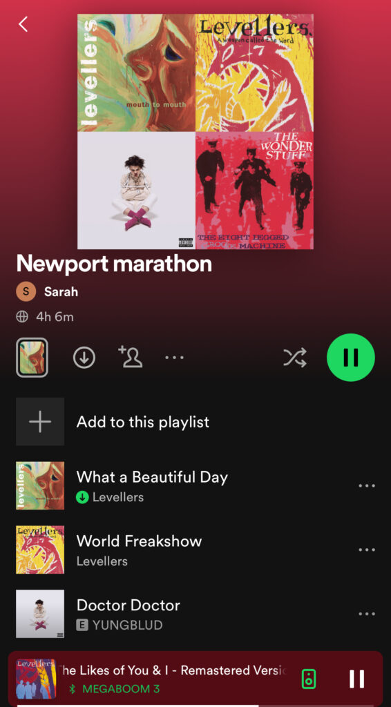 Newport marathon playlist, Marathon playlist, Spotify, Running playlist, Screenshot of a Spotify playlist called Newport marathon showing songs by Yungblud and Levellers