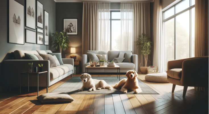 Dogs, Rug, Flooring, Two large dogs lie on a rug on a wooden floor in the lounge of a house