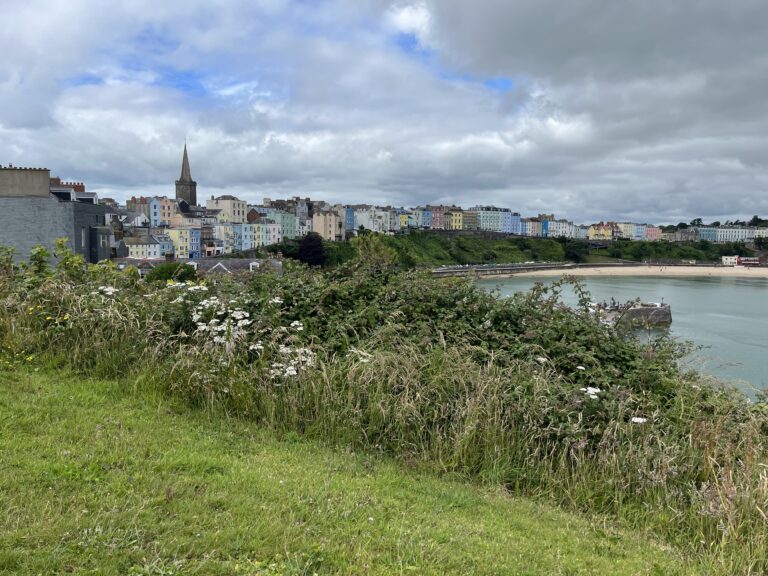 Tenby, Beach, Colourful houses, Pembrokeshire, Holiday, Silent Sunday, My Sunday Photo, A row of colourful houses and a church can be seen over a beach and sea with long grass growing in the foreground