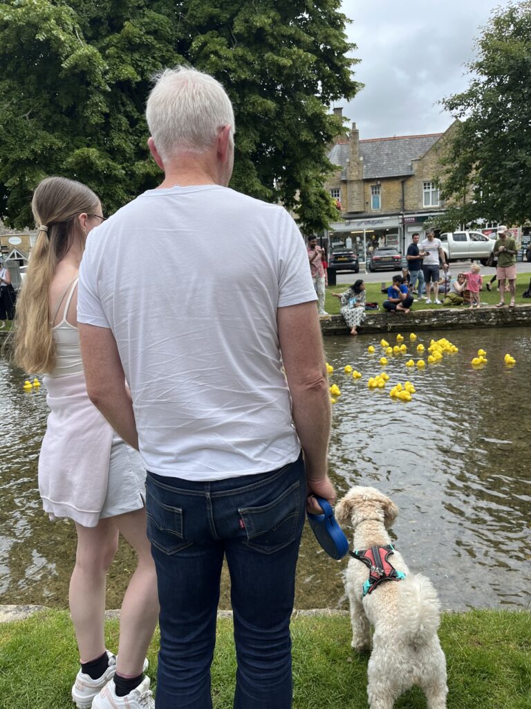 Duck race, Husband, Daughter, Bourton-on-the-Water, Cotswolds, Cockapoo, Silent Sunday, My Sunday Photo, Rear view of a man with grey hair and a white Tshirt with a teenage girl with long fair hair wearing shorts with a golden cockapoo dog on a lead watching yellow plastic ducks float down a river