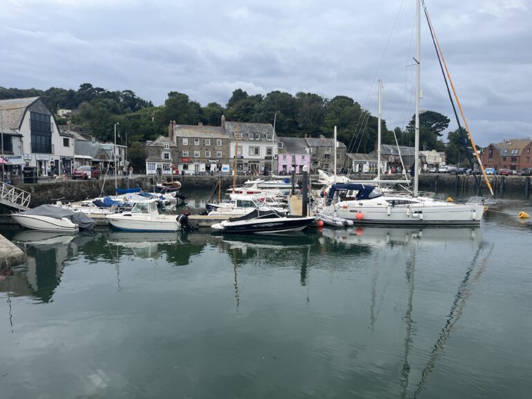 Padstow, Padstow harbour, Cornwall, Holiday, Silent Sunday, My Sunday Photo, Small boats on a harbour with a variety of old buildings in the background and trees behind them against a grey and cloudy sky