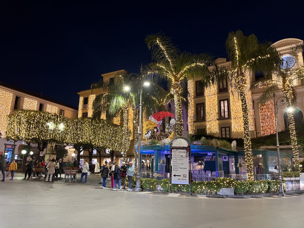 Christmas lights, Sorrento, Italy, Buildings and trees in darkness are covered in white Christmas light