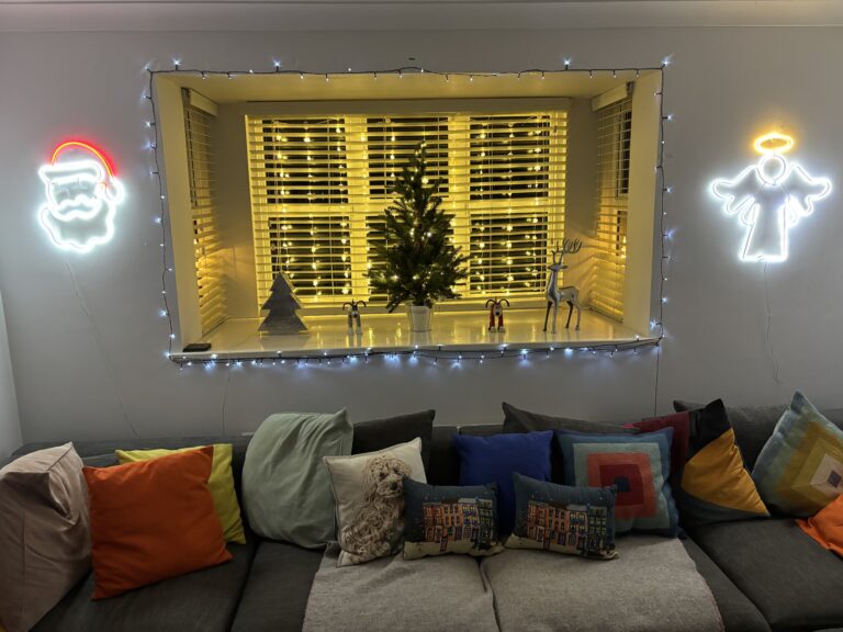 Christmas lights, Christmas decorations, Home, Silent Sunday, My Sunday Photo, A window with venetian blinds above a sofa covered in cushions and the window is surrounded by white Christmas lights with more in the window and there is a small Christmas tree and other decorations on the windowsill