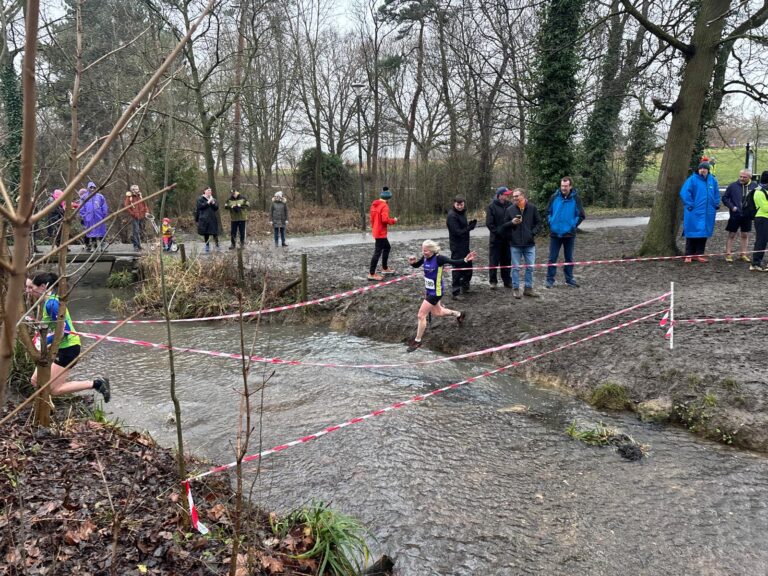 Cross country, Running, Runner, A woman in a purple vest and black shorts runs into a stream with red and white tape either side and people watching
