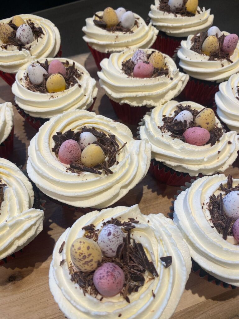 Easter cupcakes, Easter baking, Cupcakes, Cakes, Silent Sunday, My Sunday Photo, 10 cupcakes with white frosting and covered in chocolate Mini Eggs and flakes of chocolate fill the whole photo