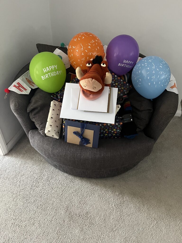 Pumbaa, Birthday, Balloons, Birthday presents, Birthday cards, Silent Sunday, My Sunday Photo, A cuddly Pumbaa from The Lion King sits on a round grey chair with birthday cards in his mouth and surrounded by presents and balloons