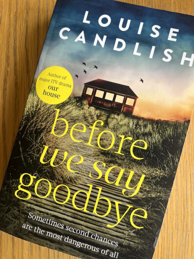 Before We Say Goodbye by Louise Candlish, Before We Say Goodbye, Louise Candlish, A book called Before We Say Goodbye by Louise Candlish wiht a beach and birds against a sunset on the cover sits on a wooden table