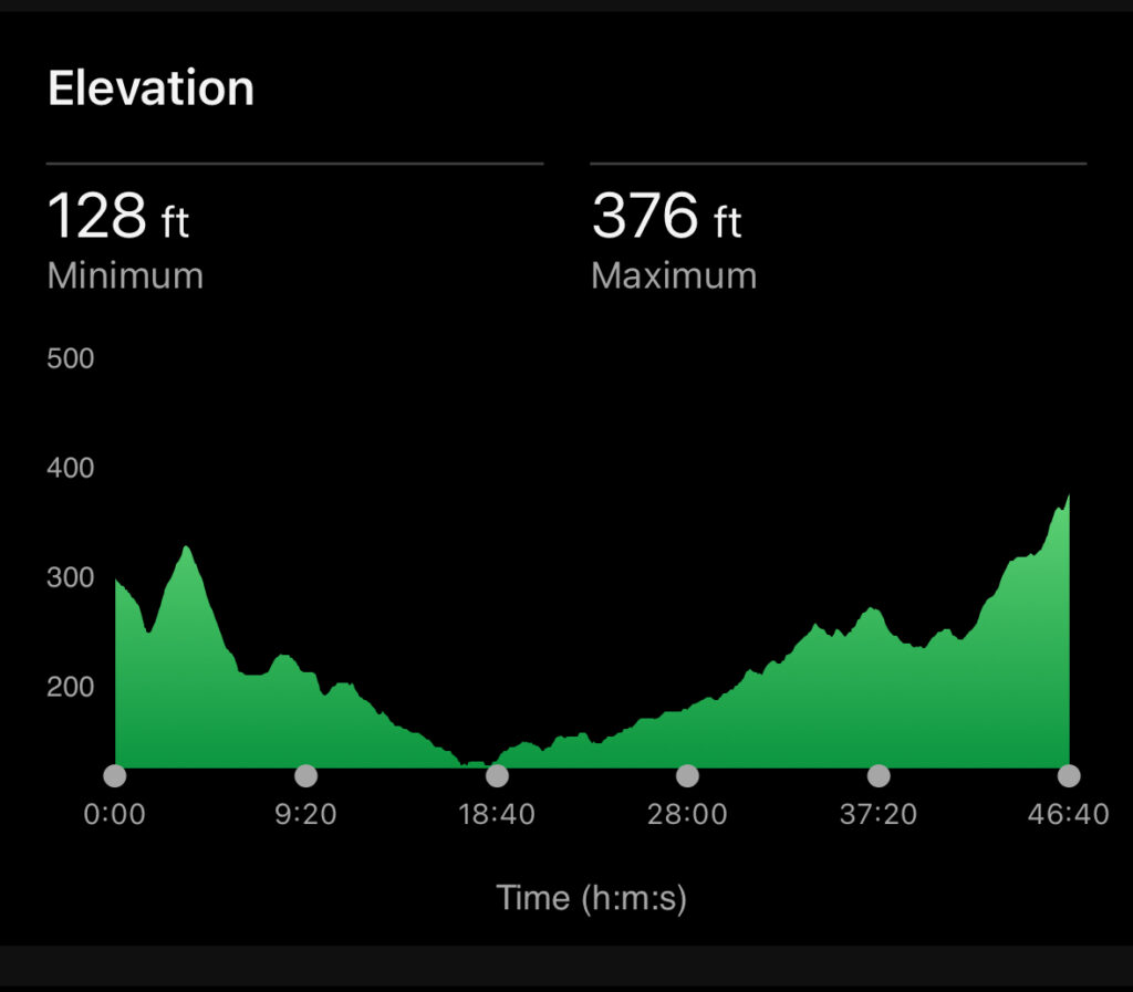 Bugatti 10k, Bugatti 10k elevation, Running, Gloucestershire, A black screen with a green up and down shape which says Elevation 128ft minimum and 376ft maximum