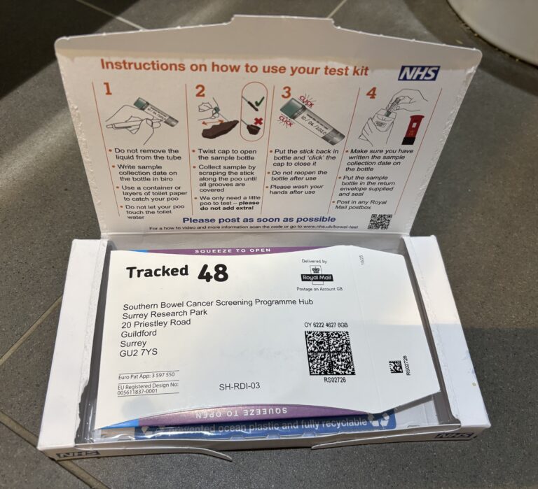 NHS bowel cancer screening, An open shallow cardboard box with instructions on using a test kit printed inside the lid