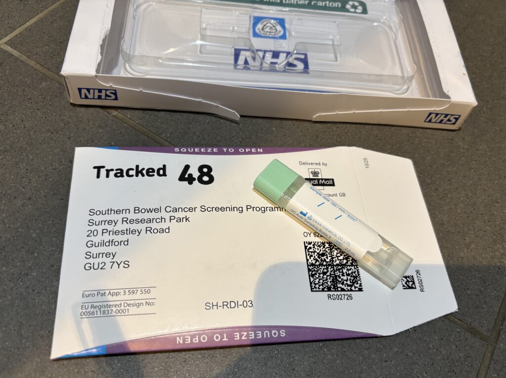 NHS bowel cancer screening, A flat sample bottle with a pale green lid sits on top of an envelope address to Southern Bowel Cancer Screening Programme