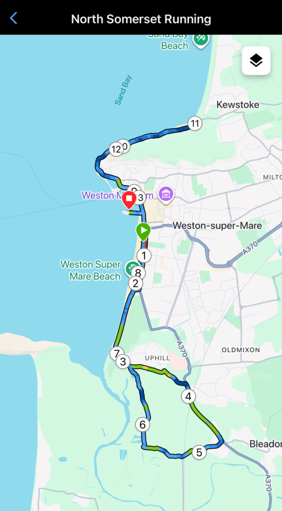 Weston Super Half route, Weston Super Half, Map, A map showing a running route in Weston-super-Mare with numbers marked for miles