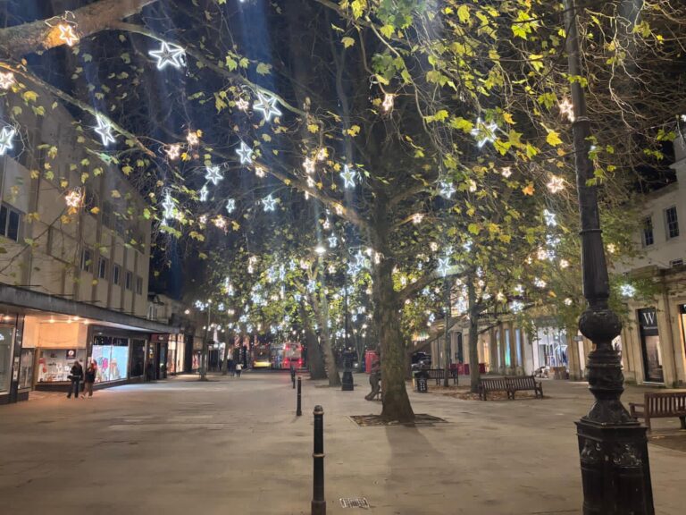 Christmas lights, Cheltenham, Silent Sunday, My Sunday Photo, A wide paved street in the dark with shops on either side and trees up the middle filled with white lights in the shape of stars