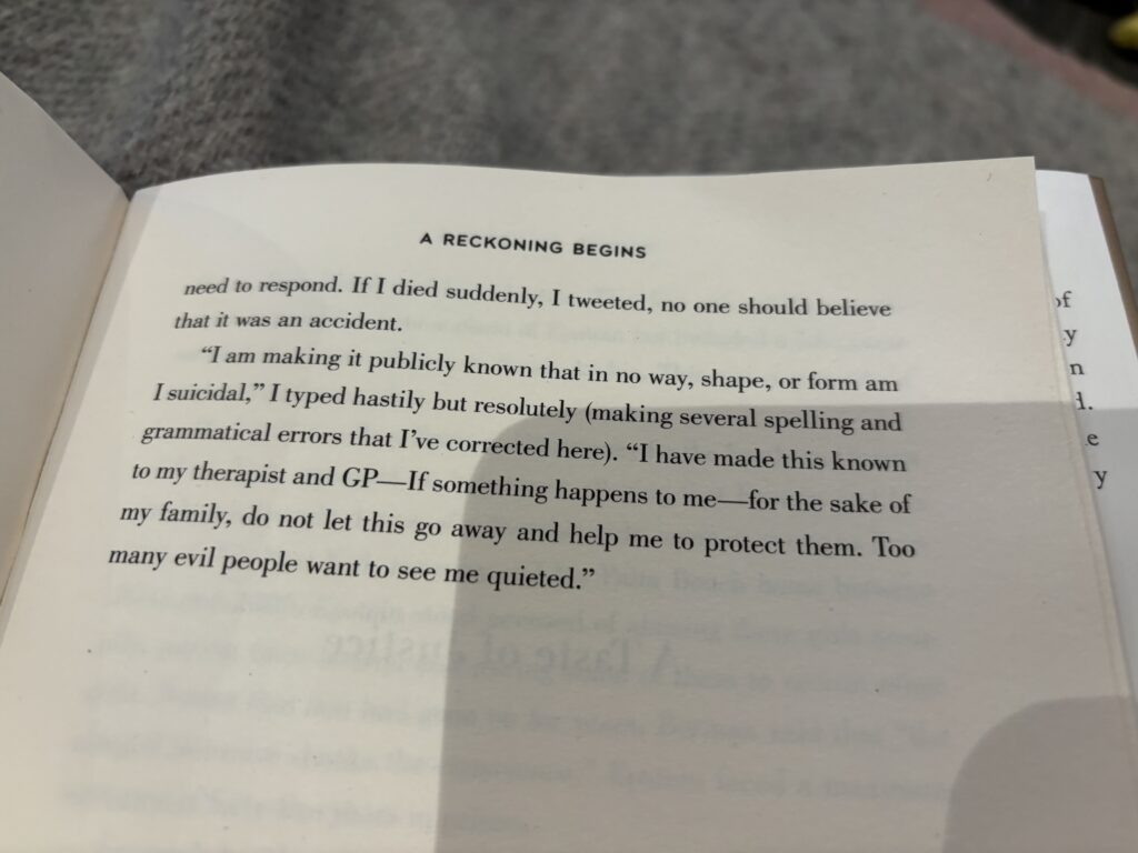 Nobody's Girl by Virginia Roberts Giuffre, Nobody's Girl, Virginia Roberts Giuffre, Book review, A page of text saying the writer isn't suicidal