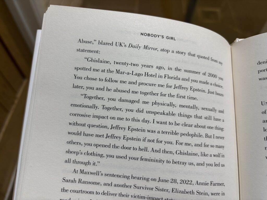 Nobody's Girl by Virginia Roberts Giuffre, Nobody's Girl, Virginia Roberts Giuffre, Book review, A page of text describing the damage a woman called Ghislaine Maxwell did to the author
