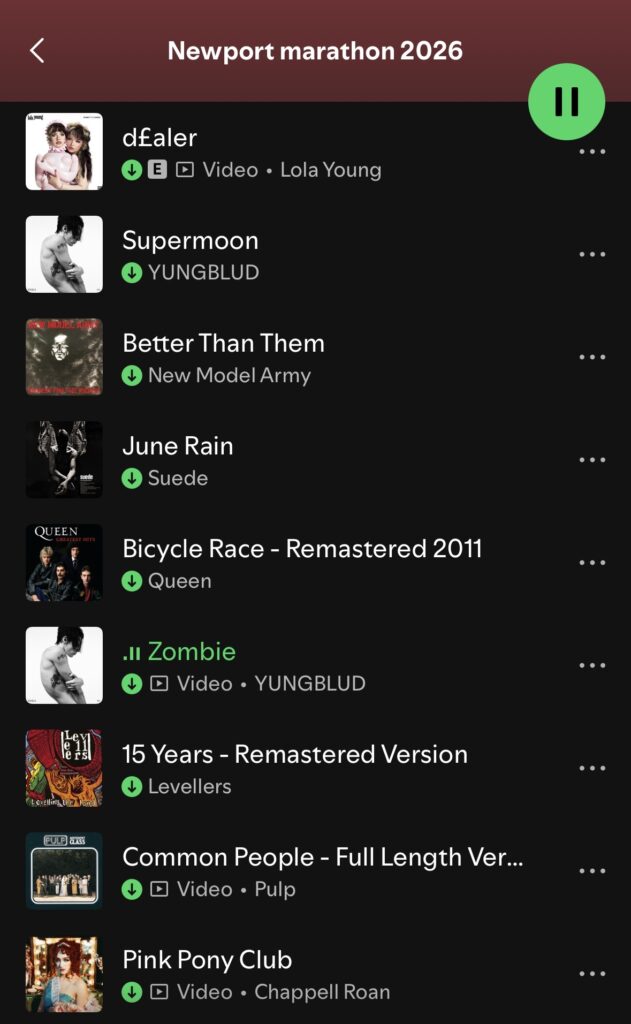 Newport marathon playlist, Marathon playlist, A screenshot from Spotify which says Newport marathon 2026 showing a selection of songs by a selection of artists all accompanied by a thumbnail image