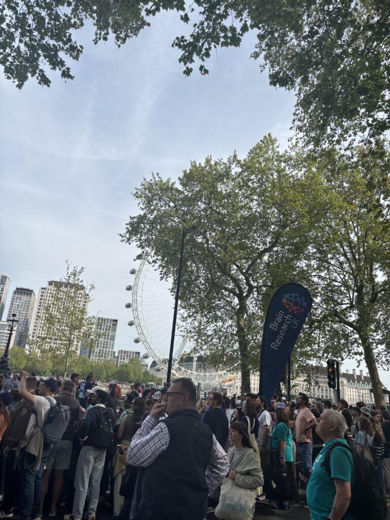 Embankment, London, London marathon, Crowds stand in front of the London Eye against trees buildings and a blue sky