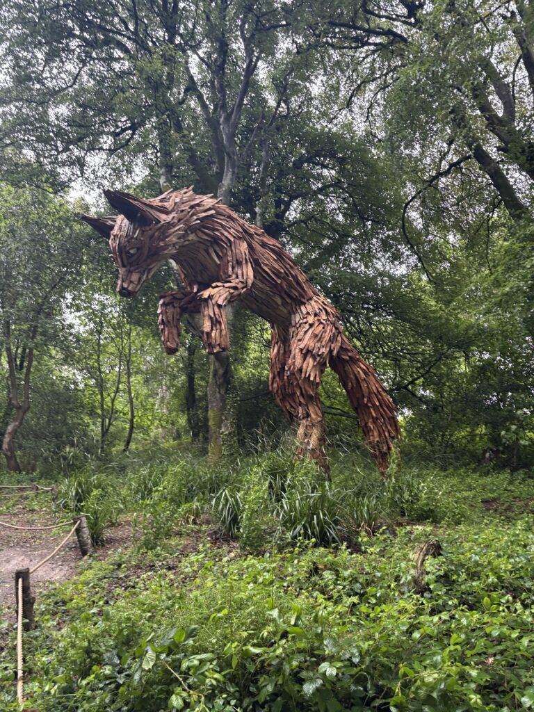 The Lost Gardens of Heligan parkrun, Parkrun tourism, A large sculpture of a leaping fox made of wood stands among trees