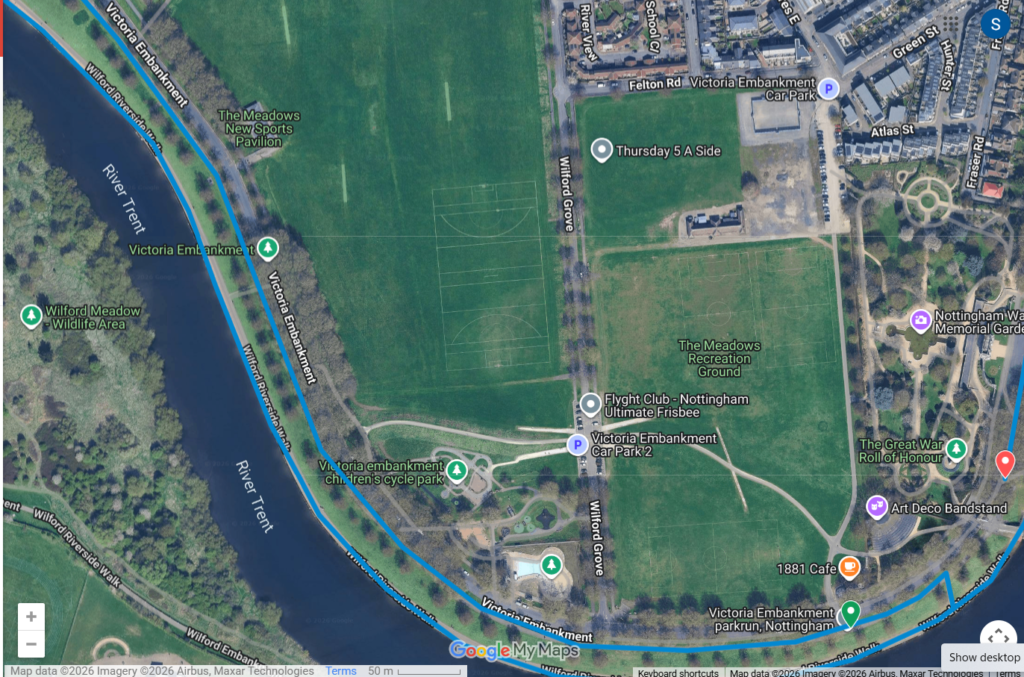 Nottingham, Map, Victoria Embankment parkrun, Aerial view of an area of Nottingham showing the River Trent at the bottom of the image and recreation grounds in the middle withe streets and houses around the top and right hand edge