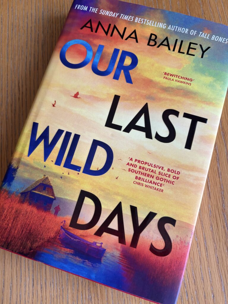 Our Last Wild Days by Anna Bailey, Our Last Wild Days, Anna Bailey, Book review, A book with a multicoloured sunset and a boat amongst reeds on the cover called Our Last Wild Days by Anna Bailey sits on a wooden table