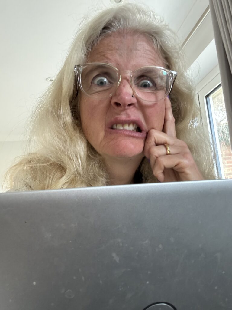 Thoughts from my head, Blogging, Blogger, A middle aged woman with long blonde hair and glasses sits behind a silver laptop and pulls a funny face